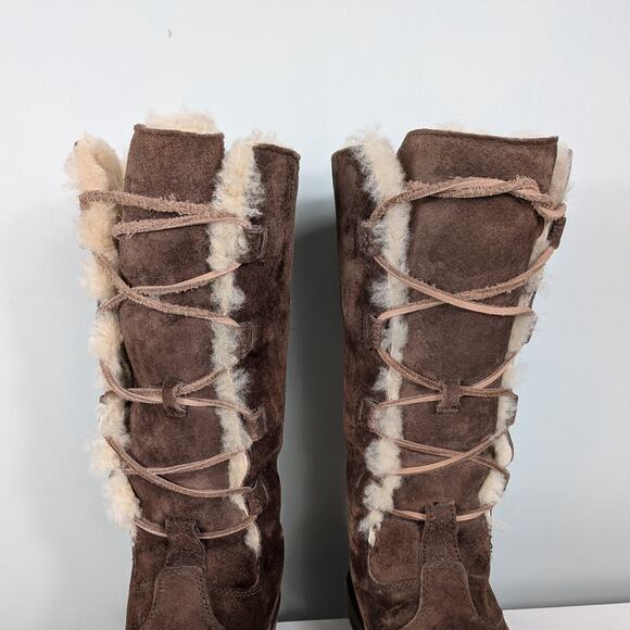 Ugg Tall Lace Up Boots 8 Brown Suede Whitley  Boho Shearling Fur Knee Sheep Ski - Picture 7 of 13